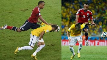 Neymar recibe una dura entrada de Z&uacute;&ntilde;iga en el Brasil-Colombia de cuartos de final del Mundial de Brasil 2014. 