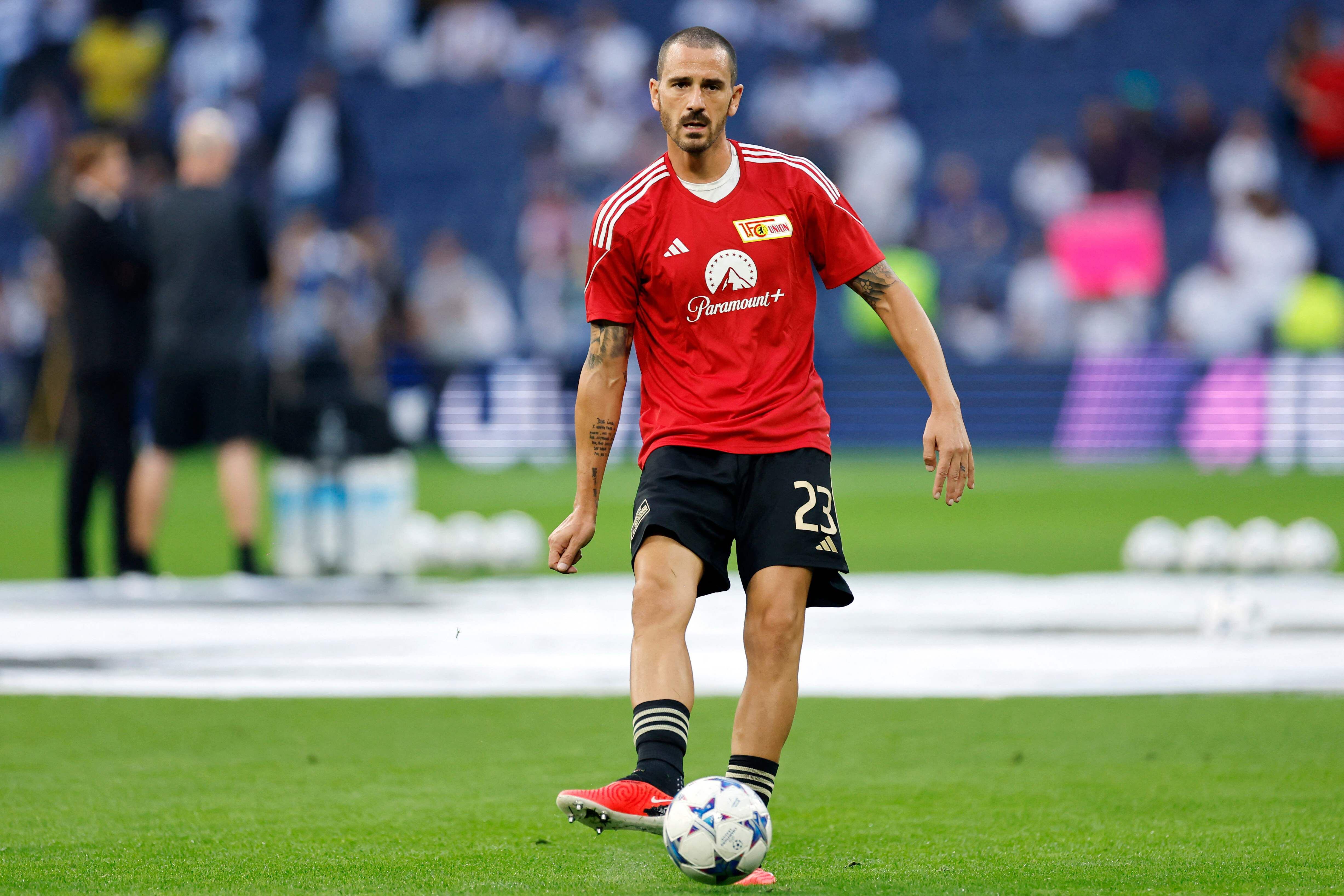 Union Berlin's Italian defender #23 Leonardo Bonucci warms up before the UEFA Champions League 1st round day 1 group C football match between Real Madrid and Union Berlin at the Santiago Bernabeu stadium in Madrid on September 20, 2023. (Photo by OSCAR DEL POZO / AFP)