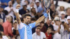 MASON, OHIO - AUGUST 19: ovak Djokovic of Serbia celebrates his win over Alexander Zverev of Germany during the semifinals of the Western & Southern Open at Lindner Family Tennis Center on August 19, 2023 in Mason, Ohio.   Matthew Stockman/Getty Images/AFP (Photo by MATTHEW STOCKMAN / GETTY IMAGES NORTH AMERICA / Getty Images via AFP)