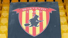 Picture of the logo of Benevento&#039;s Italian football club showing a witch riding a broom during the Italian Serie a football match Benevento Calcio vs SS Lazio on october 29, 2017 at the Ciro Vigorito Stadium in Benevento.