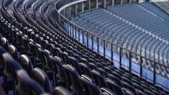 Empty stands are seen at the Olympic Stadium prior to the German first division Bundesliga football match between Hertha Berlin and Bayer Leverkusen in Berlin on March 21, 2021. (Photo by ANNEGRET HILSE / various sources / AFP) / DFL REGULATIONS PROHIBIT 