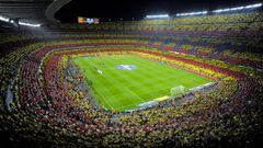 BARCELONA, SPAIN - OCTOBER 07:  A Catalan flag is displayed by FC Barcelona fans prior to he La Liga match between FC Barcelona and Real Mdrid CF at Camp Nou on October 7, 2012 in Barcelona, Spain.  
