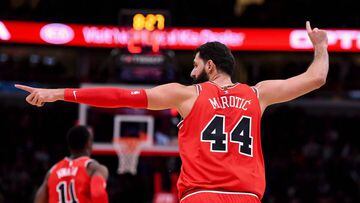 Dec 9, 2017; Chicago, IL, USA; Chicago Bulls forward Nikola Mirotic (44) reacts after making a three point basket against the New York Knicks during the first half at the United Center. Mandatory Credit: Mike DiNovo-USA TODAY Sports