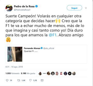 Pedro Martínez de la Rosa tampoco ha faltado a la cita y le ha deseado suerte sí decide competir en otra categoría y ha reconocido que es un día duro para la F1.
