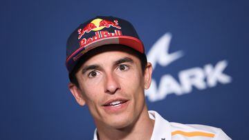 Repsol Honda Team Spanish rider Marc Marquez attends a press conference ahead of the  1000th Moto GP Grand Prix, in Le Mans, northwestern France, on May 11, 2023. (Photo by JEAN-FRANCOIS MONIER / AFP)