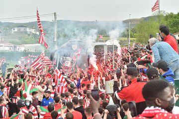 Athletic Club fans gather to wave the team bus off from Bilbao as it travels down to Seville for the Copa del Rey final.
