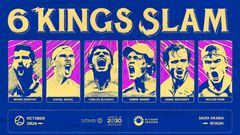 Cartel promocional del 6 Kings Slam, en el que competirán Novak Djokovic, Rafa Nadal, Carlos Alcaraz, Jannik Sinner, Daniil Medvedev y Holger Rune el próximo mes de octubre en Arabia Saudí