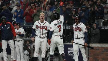 Atlanta Braves&#039; Dansby Swanson celebrates his home run during the seventh inning in Game 4 of baseball&#039;s World Series between the Houston Astros and the Atlanta Braves Saturday, Oct. 30, 2021, in Atlanta. (AP Photo/Ashley Landis)