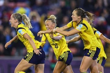Linda Sembrant (left) celebrates after scoring the winner in Sweden's quarter-final win over Belgium.