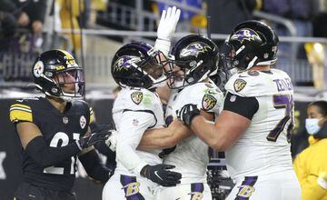 Dec 5, 2021; Pittsburgh, Pennsylvania, USA; Baltimore Ravens wide receiver Sammy Watkins (14) celebrates after scoring a touchdown with tight end Mark Andrews (89) and guard Kevin Zeitler (70) against the Pittsburgh Steelers during the fourth quarter at H