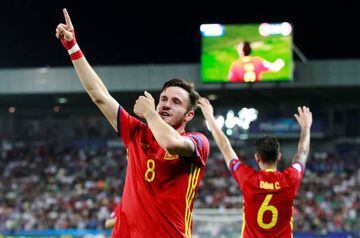 Spain's Saul Niguez celebrates after scoring a goal