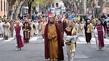 Figurants in traditional clothes of the Living Nativity, walk from the Basilica of St John Lateran, following the itinerary of the Corpus Christi procession, to the Papal Basilica of St Mary Major where the scene of the Nativity of the Child Jesus is depicted.