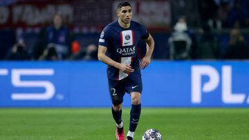 PARIS, FRANCE - FEBRUARY 14: Achraf Hakimi of Paris Saint Germain  during the UEFA Champions League  match between Paris Saint Germain v Bayern Munchen at the Parc des Princes on February 14, 2023 in Paris France (Photo by David S. Bustamante/Soccrates/Getty Images)