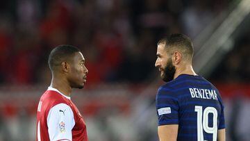 Vienna (Austria), 10/06/2022.- David Alaba (L) of Austria interacts with Karim Benzema of France during the UEFA Nations League soccer match between Austria and France in Vienna, Austria, 10 June 2022. (Francia, Viena) EFE/EPA/CHRISTIAN BRUNA
