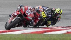 KUALA LUMPUR, MALAYSIA - NOVEMBER 03:  Andrea Dovizioso of Italy and Ducati Team leads Valentino Rossi of Italy and Yamaha Factory Racing during the MotoGP race during the MotoGP of Malaysia - Race at Sepang Circuit on November 03, 2019 in Kuala Lumpur, M