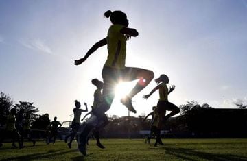 Members of Jamaica's womens national football team, nicknamed 'Reggae Girlz', take part in a training session at St. Georges College in Kingston, Jamaica on May 17, 2019, as part of the team's preparation for the upcoming FIFA World Cup 2019 in France