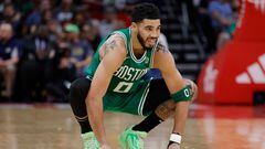 Jayson Tatum #0 of the Boston Celtics looks on during a time out against the Houston Rockets during the first half at Toyota Center on March 13, 2023 in Houston, Texas.
