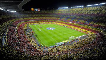 BARCELONA, SPAIN - OCTOBER 07:  A Catalan flag is displayed by FC Barcelona fans prior to he La Liga match between FC Barcelona and Real Mdrid CF at Camp Nou on October 7, 2012 in Barcelona, Spain. 