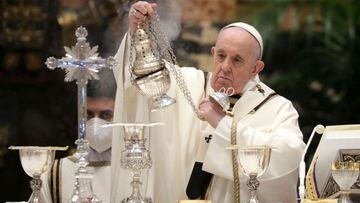 Pope Francis celebrates the Chrism Mass inside St. Peter&#039;s Basilica, where he also blesses a token amount of oil that will be used to administer the sacraments for the year at the Vatican, on April 1, 2021.