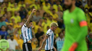 Argentina's defender Nicolas Otamendi (L) celebrates after scoring during the 2026 FIFA World Cup South American qualification football match between Brazil and Argentina at Maracana Stadium in Rio de Janeiro, Brazil, on November 21, 2023. (Photo by CARL DE SOUZA / AFP)