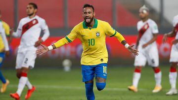 Brazil&#039;s Neymar celebrates after scoring a second penalty against Peru during their 2022 FIFA World Cup South American qualifier football match at the National Stadium in Lima, on October 13, 2020, amid the COVID-19 novel coronavirus pandemic. (Photo