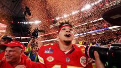LAS VEGAS, NEVADA - FEBRUARY 11: Patrick Mahomes #15 of the Kansas City Chiefs celebrates after defeating the San Francisco 49ers 25-22 during Super Bowl LVIII at Allegiant Stadium on February 11, 2024 in Las Vegas, Nevada. The Chiefs defeated the 49ers 25-   Jamie Squire/Getty Images/AFP (Photo by JAMIE SQUIRE / GETTY IMAGES NORTH AMERICA / Getty Images via AFP)