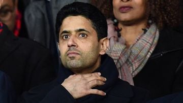 (FILES) In this file photo taken on March 6, 2018 Paris Saint-Germain&#039;s Qatari president Nasser Al-Khelaifi reacts during the UEFA Champions League round of 16 second leg football match between Paris Saint-Germain (PSG) and Real Madrid at the Parc de