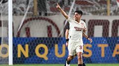 Universitario's midfielder Piero Quispe celebrates after scoring a goal during the Copa Sudamericana first stage football match between Peru's Universitario and Peru's Cienciano, at the Monumental de Ate stadium in Lima, on March 9, 2023. (Photo by ERNESTO BENAVIDES / AFP)