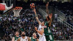 Derrick Williams, #8 of Panathinaikos BC Athens competes with Gabriel Deck, #14 of Real Madrid during the 2022/2023 Turkish Airlines EuroLeague Regular Season Round 1 match between Panathinaikos Athens and Real Madrid at OAKA on October 06, 2022 in Athens, Greece.