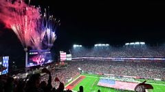 TAMPA, FLORIDA - JANUARY 15: Fans cheer as fireworks explode during the the national anthem prior to the NFC Wild Card Playoffs at Raymond James Stadium on January 15, 2024 in Tampa, Florida.   Julio Aguilar/Getty Images/AFP (Photo by Julio Aguilar / GETTY IMAGES NORTH AMERICA / Getty Images via AFP)