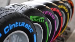 Pirelli Formula 1 tyres stand at their base in the paddock at the Baku City Circuit, on June 17, 2016 in Baku, two days ahead of the European Formula One Grand Prix.  / AFP PHOTO / ANDREJ ISAKOVIC NEUMATICOS F1