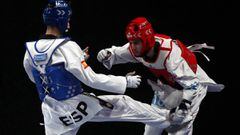 MANCHESTER, ENGLAND - MAY 15: Jesus Cabrera Tortosa of Spain and Gashim Magomedov of Azerbaijan during their round 16 match of the Men&#039;s -58kg division at The World Taekwondo Championships at Manchester Arena on May 15, 2019 in Manchester, England. (