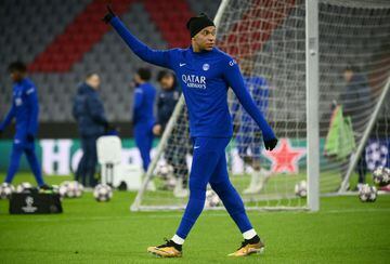 Paris Saint-Germain forward Kylian Mbappé during a training session on the eve of the UEFA Champions League round of 16 second-leg match between FC Bayern Munich and Paris Saint-Germain FC in Munich.