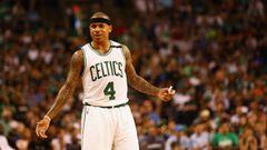 BOSTON, MA - MAY 19: Isaiah Thomas #4 of the Boston Celtics reacts in the first half against the Cleveland Cavaliers during Game Two of the 2017 NBA Eastern Conference Finals at TD Garden on May 19, 2017 in Boston, Massachusetts. NOTE TO USER: User expressly acknowledges and agrees that, by downloading and or using this photograph, User is consenting to the terms and conditions of the Getty Images License Agreement.   Adam Glanzman/Getty Images/AFP == FOR NEWSPAPERS, INTERNET, TELCOS &amp; TELEVISION USE ONLY ==