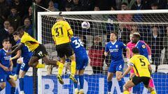 CARDIFF, WALES - NOVEMBER 02: Francisco Sierralta of Watford scores during the Sky Bet Championship match between Cardiff City and Watford at the Cardiff City Stadium on November 02, 2022 in Cardiff, Wales. (Photo by Athena Pictures/Getty Images)