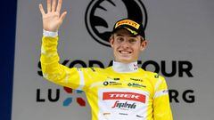 REMICH, LUXEMBOURG - SEPTEMBER 16: Mattias Skjelmose Jensen of Denmark and Team Trek - Segafredo celebrates at podium as Yellow Leader Jersey winner during the 82nd Skoda Tour Luxembourg 2022, Stage 4 a 26,1km individual time trial stage from Remich to Remich on September 16, 2022 in Remich, Luxembourg. (Photo by Bas Czerwinski/Getty Images)
