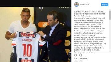 Edwin Cardona se despide de Rayados a través de Instagram