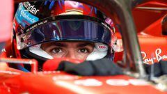 MIAMI, FLORIDA - MAY 06: Carlos Sainz of Spain and Ferrari prepares to drive in the garage during final practice ahead of the F1 Grand Prix of Miami at Miami International Autodrome on May 06, 2023 in Miami, Florida.   Chris Graythen/Getty Images/AFP (Photo by Chris Graythen / GETTY IMAGES NORTH AMERICA / Getty Images via AFP)
