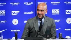 MANCHESTER, ENGLAND - JULY 08: Manchester City&#039;s manager Pep Guardiola attends a press conference at Etihad Stadium on July 8, 2016 in Manchester, England. (Photo by Barrington Coombs/Getty Images)