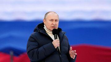 Russian President Vladimir Putin delivers a speech during a concert marking the eighth anniversary of Russia&#039;s annexation of Crimea at Luzhniki Stadium in Moscow, Russia March 18, 2022. 