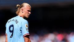 MANCHESTER, ENGLAND - AUGUST 13: Erling Haaland of Manchester City during the Premier League match between Manchester City and AFC Bournemouth at Etihad Stadium on August 13, 2022 in Manchester, United Kingdom. (Photo by Robbie Jay Barratt - AMA/Getty Images)
