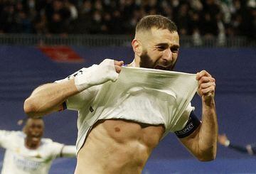 Karim Benzema celebrates after scoring Real Madrid's third goal against PSG on Wednesday night.