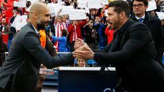 Football Soccer - Atletico Madrid v Bayern Munich - UEFA Champions League Semi Final First Leg - Vicente Calderon Stadium - 27/4/16
Bayern Munich coach Josep Guardiola shakes hands with Atletico Madrid coach Diego Simeone before the match
Reuters / Sergio Perez
Livepic
EDITORIAL USE ONLY.