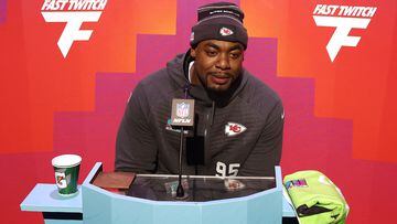 PHOENIX, ARIZONA - FEBRUARY 06: Chris Jones #95 of the Kansas City Chiefs speaks to the media during Super Bowl LVII Opening Night presented by Fast Twitch at Footprint Center on February 06, 2023 in Phoenix, Arizona.   Rob Carr/Getty Images/AFP (Photo by Rob Carr / GETTY IMAGES NORTH AMERICA / Getty Images via AFP)