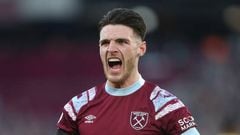LONDON, ENGLAND - JANUARY 21: West Ham United's Declan Rice celebrates during the Premier League match between West Ham United and Everton FC at London Stadium on January 21, 2023 in London, United Kingdom. (Photo by Rob Newell - CameraSport via Getty Images)