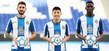 Ferreyra, Wu Lei y Alfa Semedo, en su presentación conjunta como jugadores del Espanyol.
