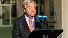 NEW YORK, UNITED STATES - 2022/08/01: UN Secretary-General Antonio Guterres delivers remarks at stakeout at UN Headquarters. Secretary-General remarks on first ship to load grain from Ukraine to the world market. He noticed that the ship was loaded not only with grain but with hope. (Photo by Lev Radin/Pacific Press/LightRocket via Getty Images)