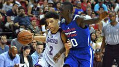 LAS VEGAS, NV - JULY 12: Lonzo Ball #2 of the Los Angeles Lakers drives to the basket against Brandon Austin #30 of the Philadelphia 76ers during the 2017 Summer League at the Thomas &amp; Mack Center on July 12, 2017 in Las Vegas, Nevada. Los Angeles won