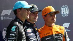Formula One F1 - Dutch Grand Prix - Circuit Zandvoort, Zandvoort, Netherlands - August 26, 2023 Red Bull's Max Verstappen after qualifying in pole position alongside second placed McLaren's Lando Norris and third placed Mercedes' George Russell REUTERS/Yves Herman
