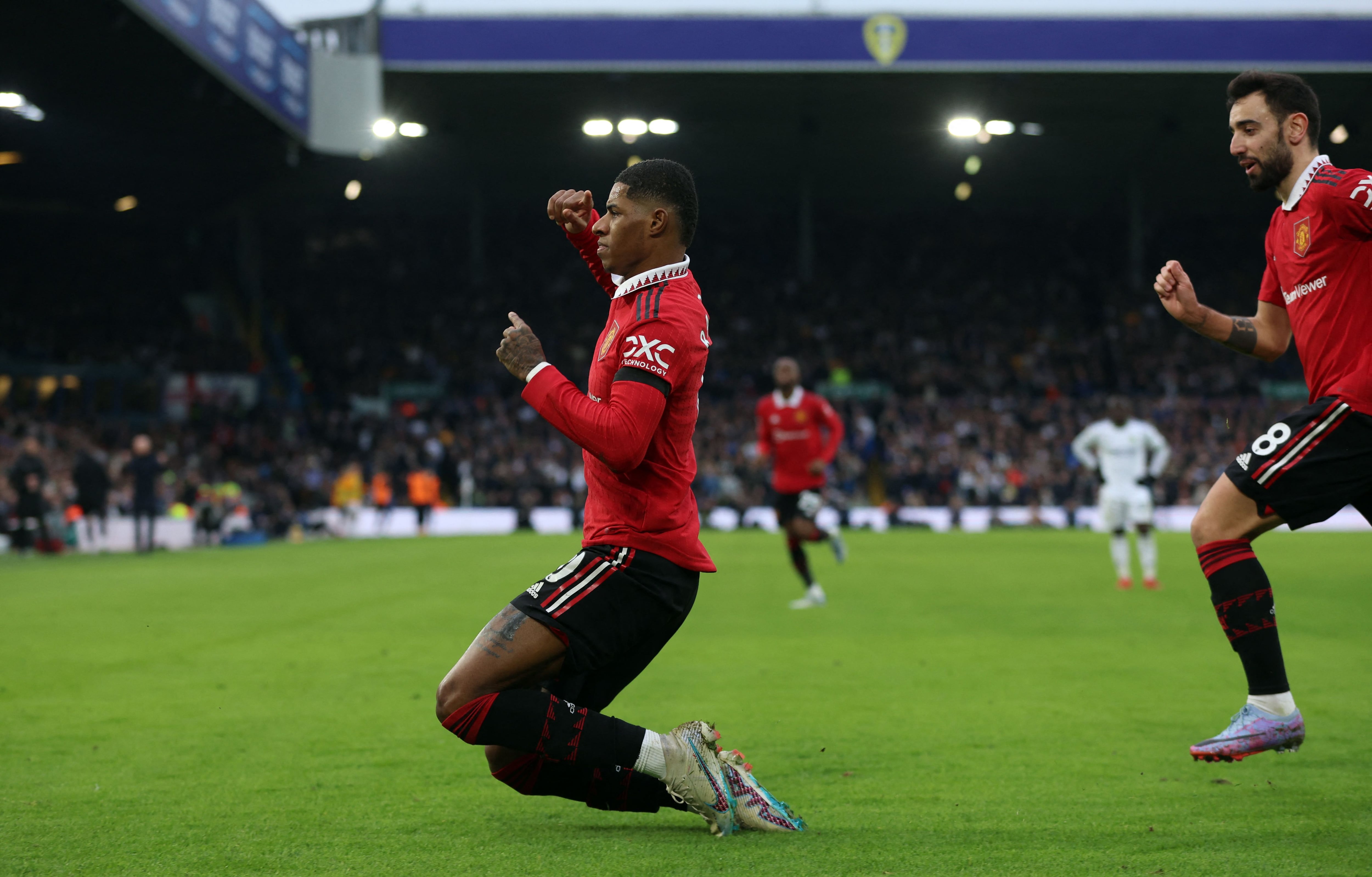 Soccer Football - Premier League - Leeds United v Manchester United - Elland Road, Leeds, Britain - February 12, 2023 Manchester United's Marcus Rashford celebrates scoring their first goal with Bruno Fernandes Action Images via Reuters/Lee Smith EDITORIAL USE ONLY. No use with unauthorized audio, video, data, fixture lists, club/league logos or 'live' services. Online in-match use limited to 75 images, no video emulation. No use in betting, games or single club /league/player publications.  Please contact your account representative for further details.